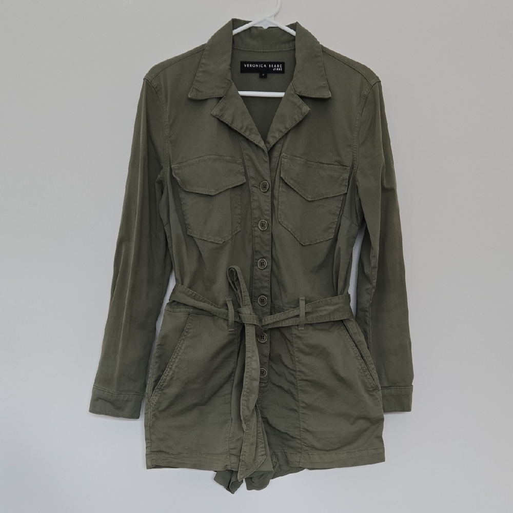 Veronica Beard Khaki Utility Short Jumpsuit Tie Waist Designer Spring | M